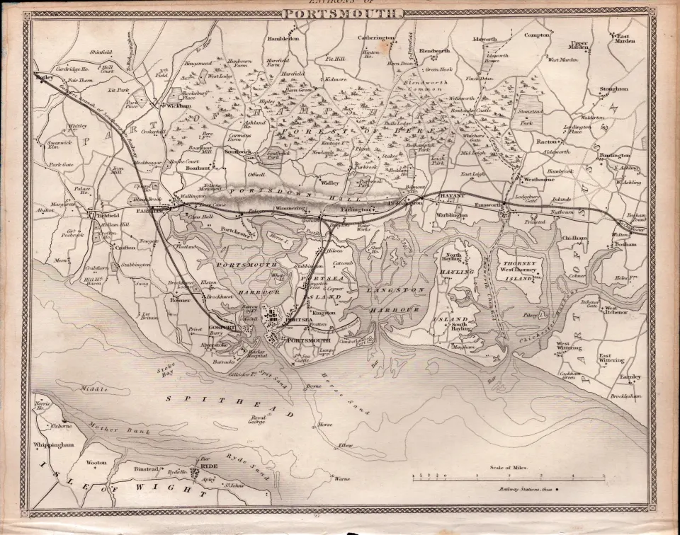 Environs Of Portsmouth Steel Engraved c1850 Victorian Antique Map.