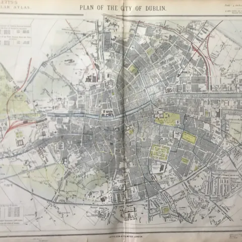 Plan of The City Of Dublin Letts 1884 Antique Detailed Coloured Map.