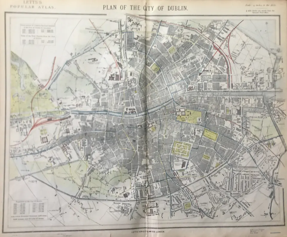 Plan of The City Of Dublin Letts 1884 Antique Detailed Coloured Map.