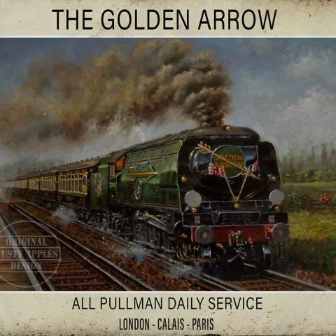 The Golden Arrow To Paris Pullman Steam Train Large Metal Wall Art.