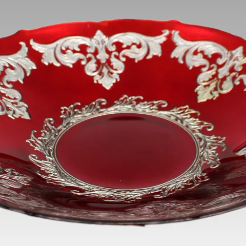 Large Ruby Flashed Glass Bowl with Ornate Silver Overlay
