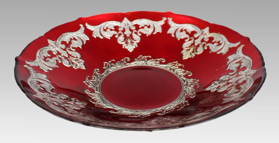 Large Ruby Flashed Glass Bowl with Ornate Silver Overlay