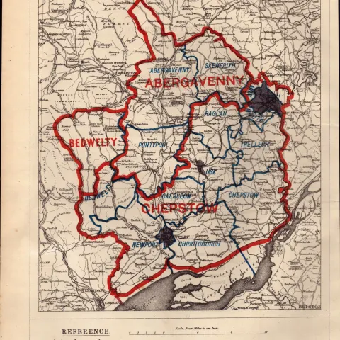 Antique 139 Years-Old Scarce Map of Monmouthshire Wales Boundary Changes 1885.