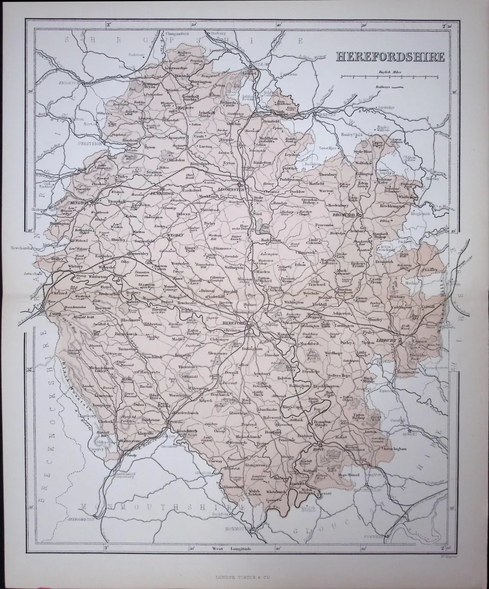 Herefordshire 150 Years-Old 1875 Coloured Detailed Antique 1875 Map-36