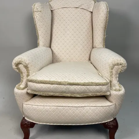 Vintage Upholstered Wingback Armchair with Carved Mahogany Legs – For Reupholstery