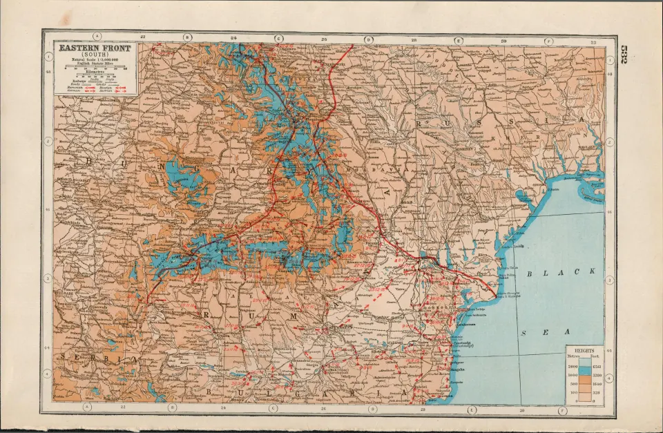 WW1 Along The Eastern Front Antique Coloured  Map 1922.