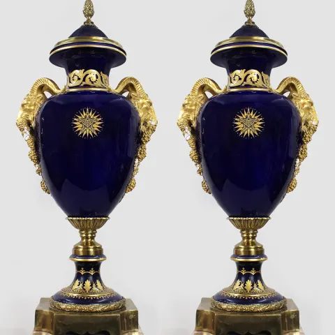 Pair of Fine Sevres Style Cobalt Blue Rams Head Lidded Urns