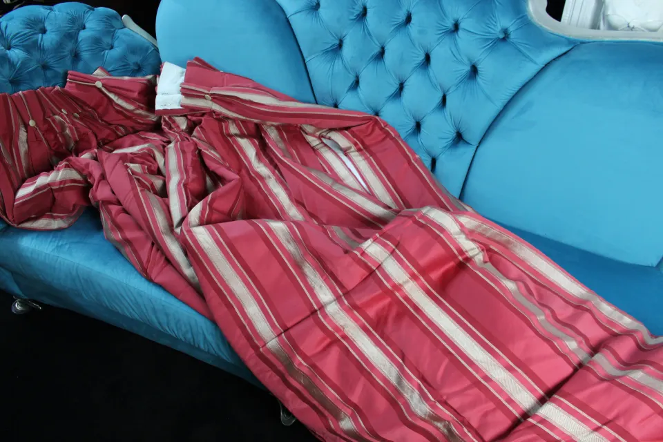 Pair Heavy Raspberry Red Striped Curtains – Thermal Lined – 74” x 101.5”