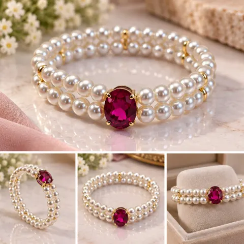Double Strand Pearl Bracelet with Red Gemstone