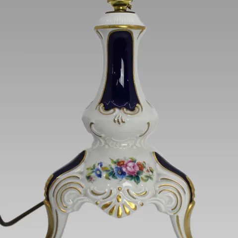 Lindner Kueps German Porcelain Floral White & Cobalt Table Lamp