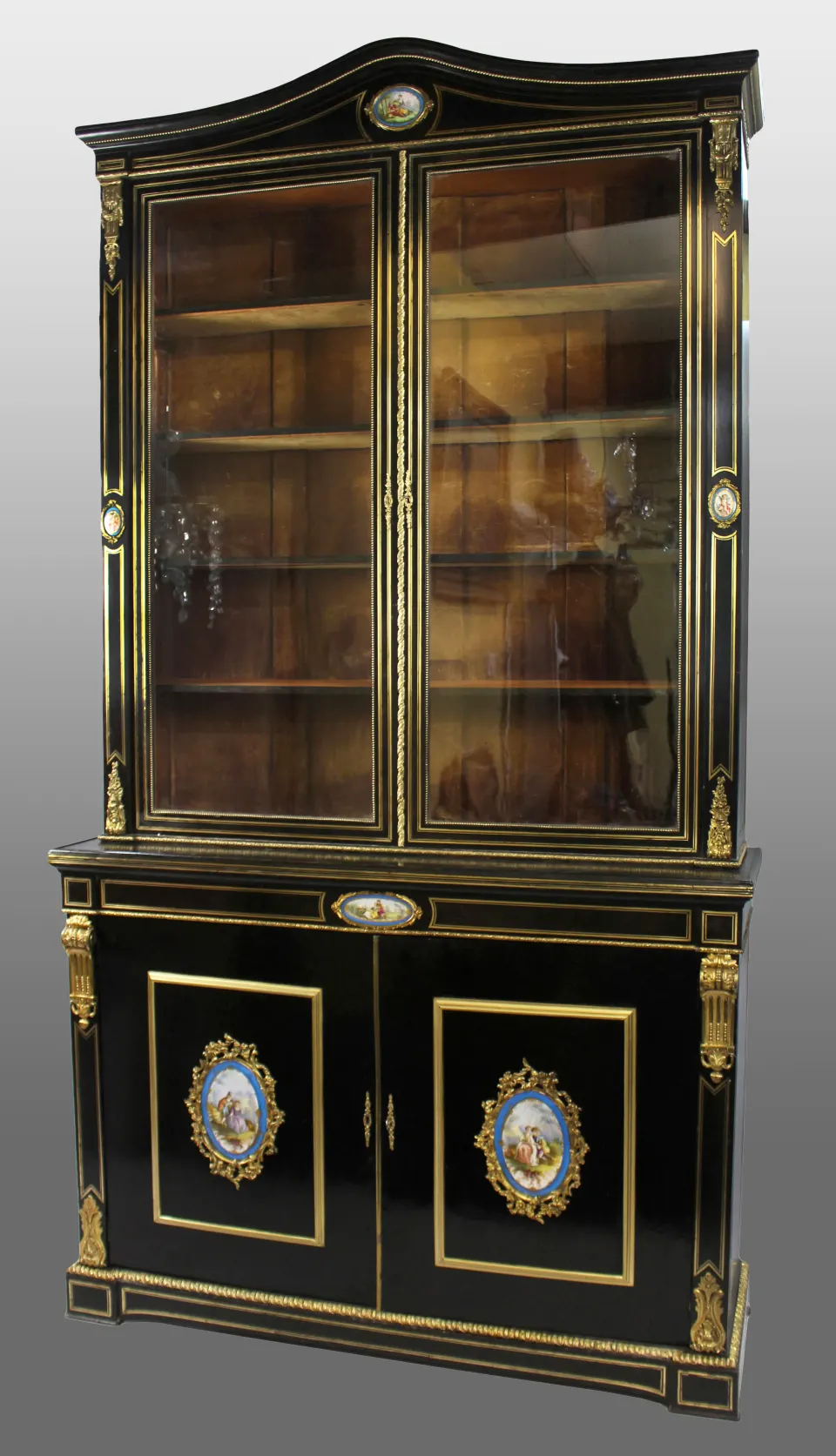 French Brass Inlaid Ebonized Bookcase With Sevres Plaques c.1820