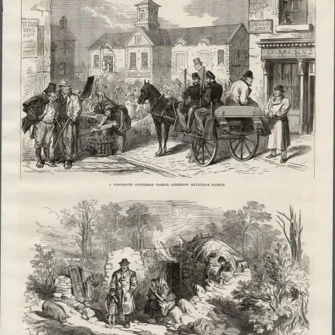 Mullingar Market & Kilkenny  Ireland 1870 Antique Wood Engraved Print.