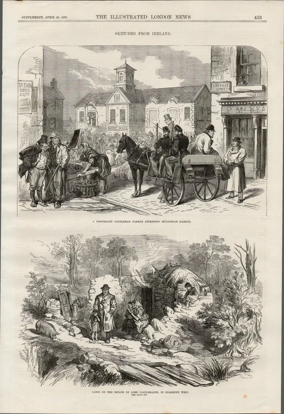 Mullingar Market & Kilkenny  Ireland 1870 Antique Wood Engraved Print.