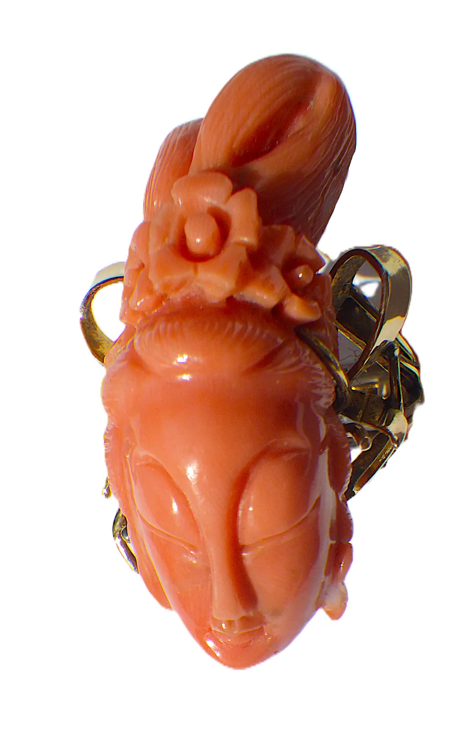 Antique 18K Yellow Gold Ring With A Hand Carved Pink Coral Depicting The Head of A Geisha.