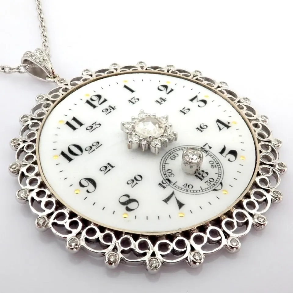 An Exquisite Necklace Made of Gold and Silver, Featuring An Antique Watch Dial Adorned With Diamonds