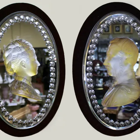 Pair of Mid 19th c. Victoria & Albert Carved Crystal Mirrored Plaques
