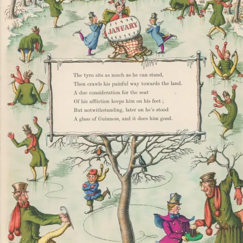 Double Sided Guinness Print 70 Years Old 1952 Ice Skating on the Lake