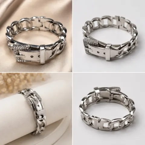 Silver-Tone Chain Bracelet with Sparkling Buckle
