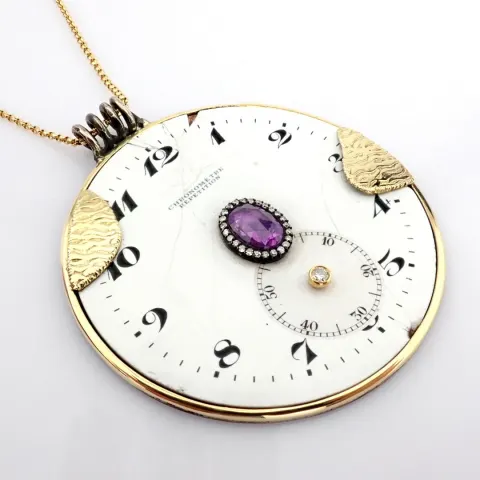 An Exquisite Necklace Made of Gold and Silver, Featuring An Antique Watch Dial Adorned With Precious