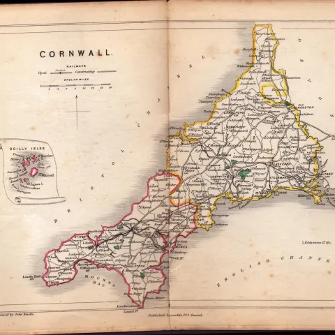 Antique Railway Map of Cornwall  Drawn & Engraved by John Emslie.