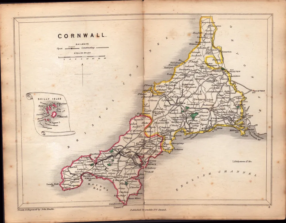 Antique Railway Map of Cornwall  Drawn & Engraved by John Emslie.