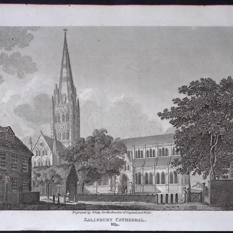Salisbury Cathedral Wiltshire Antique 211 Years-Old Georgian Steel-Engraving-497
