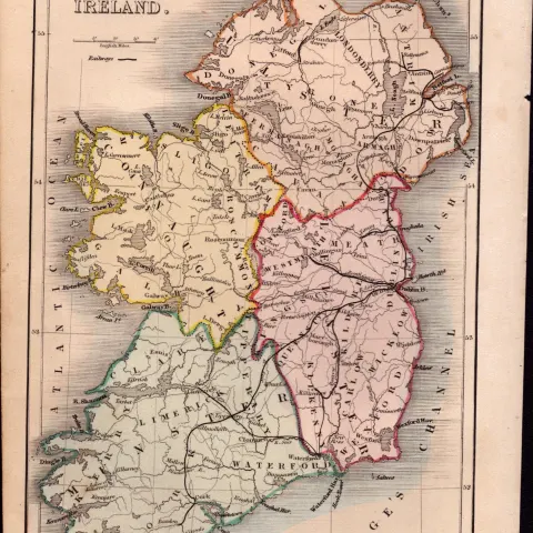 Ireland Coloured 1850’s Antique Map Mrs Hall Tour of Ireland.