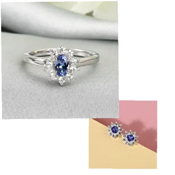 NEW!! AA Tanzanite and Natural Cambodian Zircon Ring & Halo Earrings