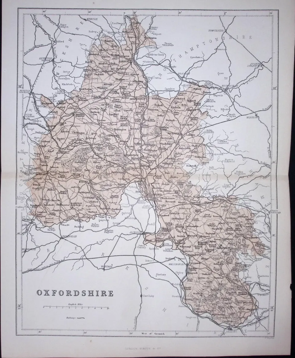 Oxfordshire 150 Years-Old 1875 Coloured Detailed Antique 1875 Map-56