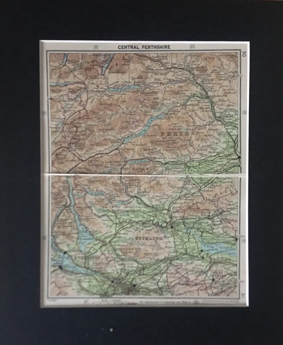Central Perthshire Scotland Coloured Mounted Antique Map.