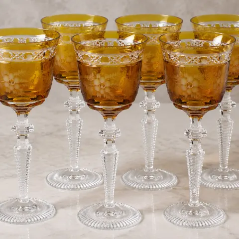 Set of 6 Fine Meissen Crystal Amber Overlay Engraved Wine Glasses