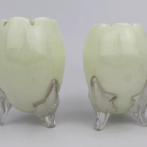 Pair of Vintage Opaline Glass Vases with Clear Glass Feet
Mid-20th century, possibly French