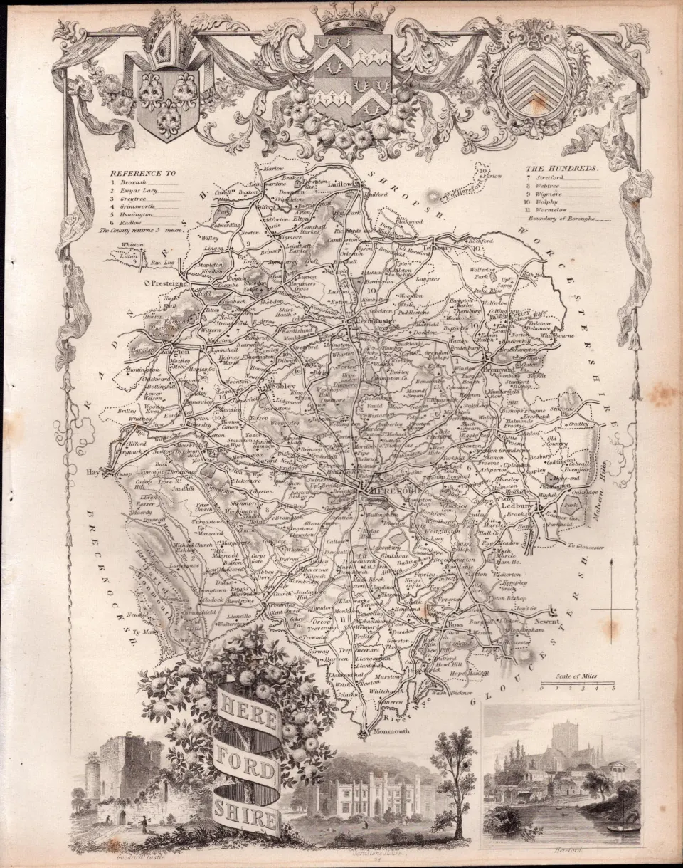 Herefordshire Steel Engraved Victorian Antique Thomas Moule Map.