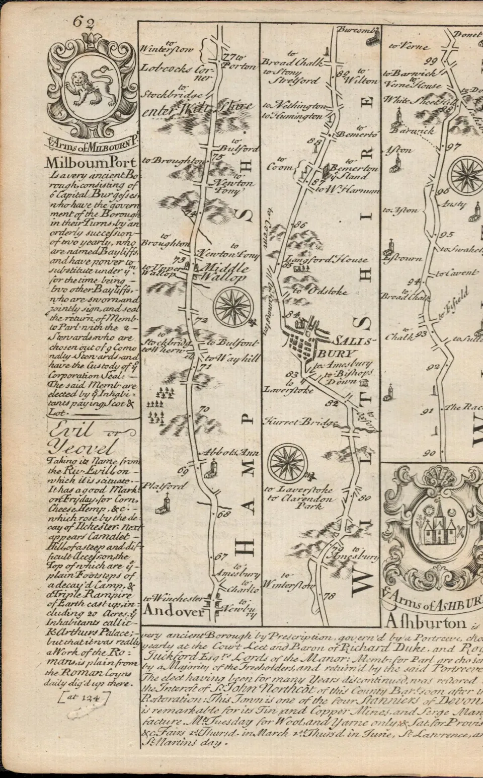 Britannia Depicta E Bowen c1730 Map  Basingstoke, Andover, Salisbury Honton.