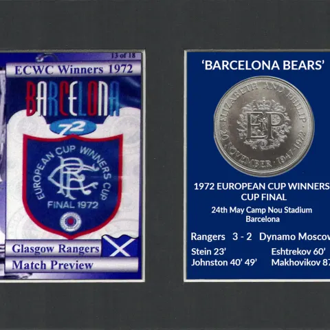 Barcelona Rangers FC Wins 1972 ECWC Mounted Card & Coin Metal Art Display
