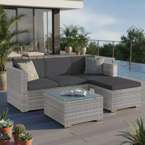 PE Rattan Garden Furniture Set – Outdoor Corner Sofa With Cushions & Glass Table