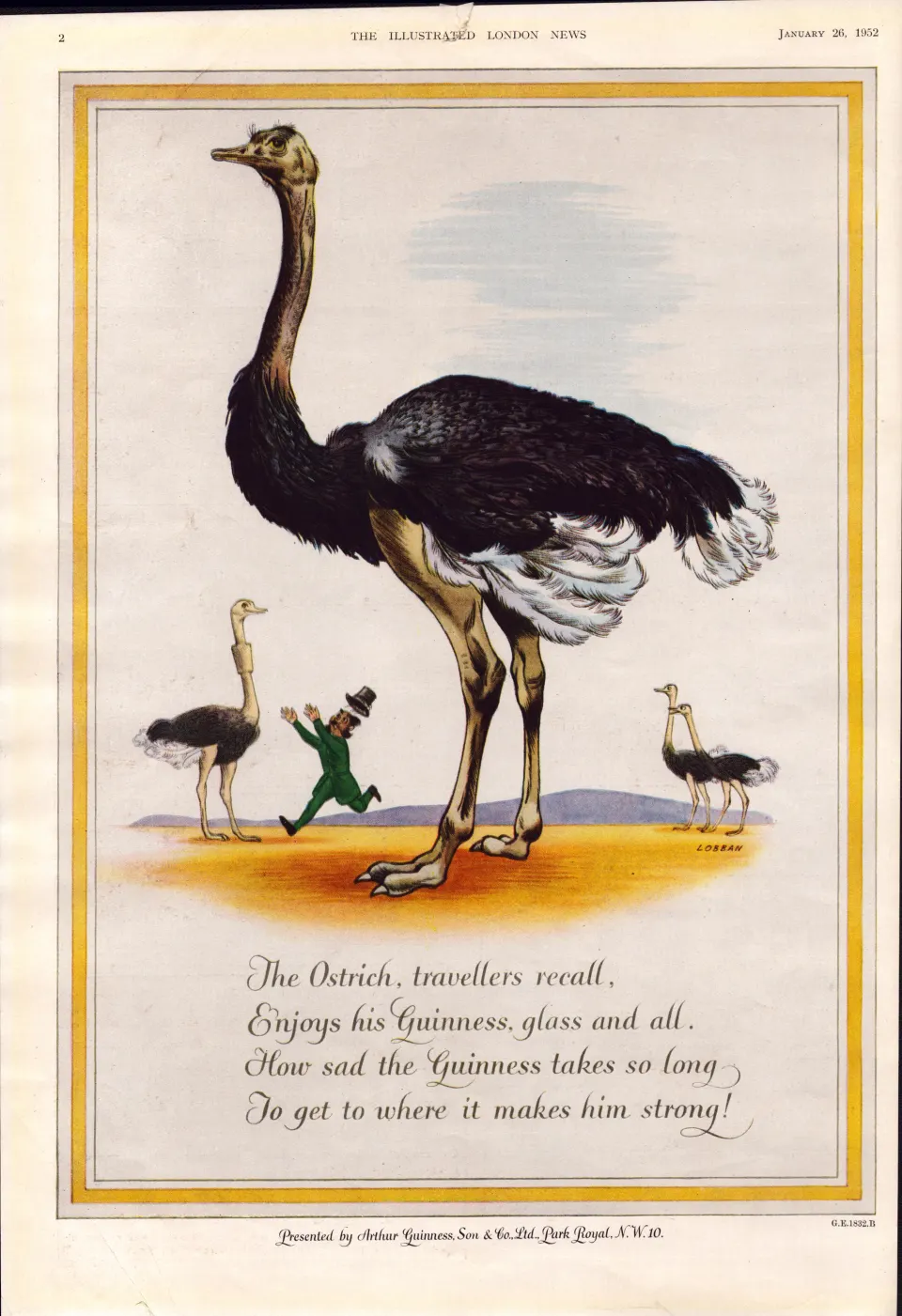 Original 72-Year-Old 1952 Guinness Print The Ostrich – GE 1832 B   #-3.