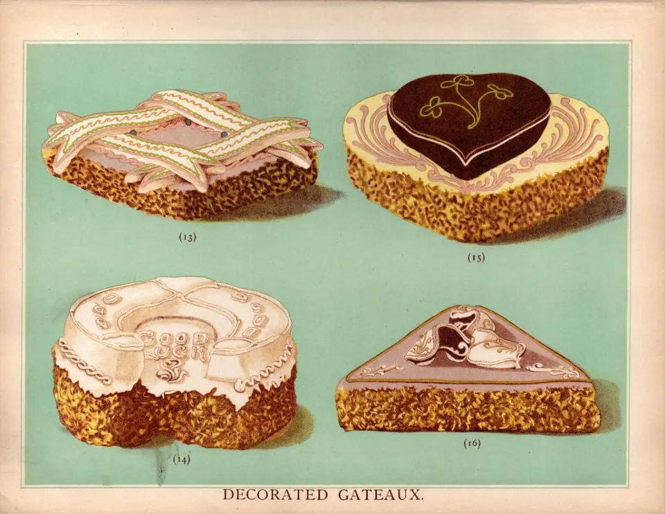 Gateaux Cakes 4 T Percy Lewis AG Bromley Antique Chromolithograph Print
