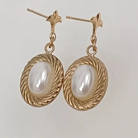 Vintage 9ct Yellow Gold 375 Faux Pearl Dangle Fleur De Ley Stud Earrings, 077 Grams