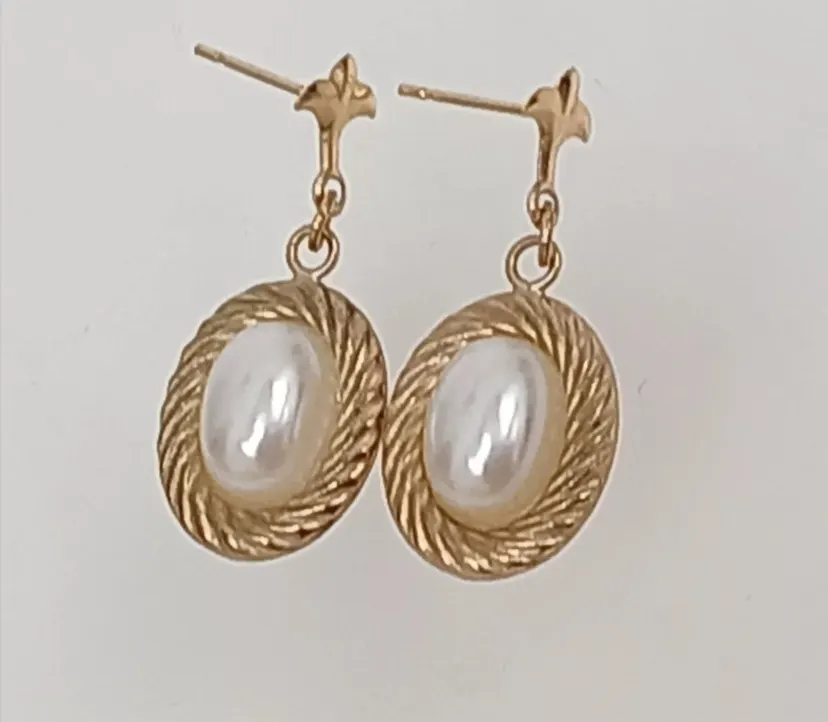 Vintage 9ct Yellow Gold 375 Faux Pearl Dangle Fleur De Ley Stud Earrings, 077 Grams