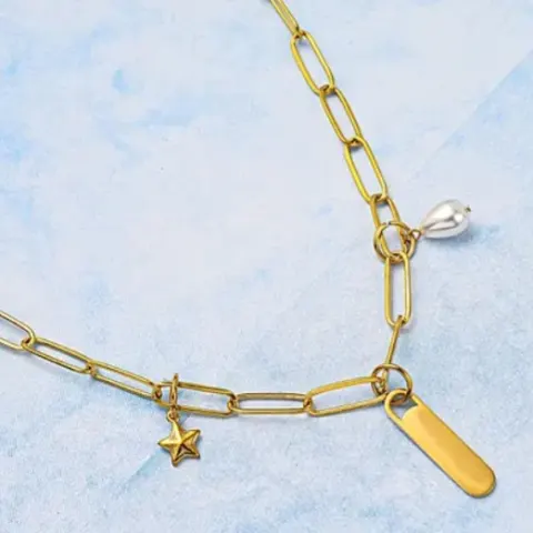 New! White Shell Pearl Necklace in Gold Tone