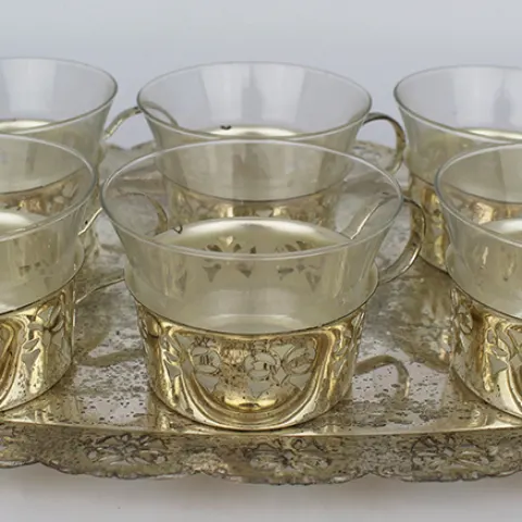 Silver Plated & Glass Tray & Cup Set