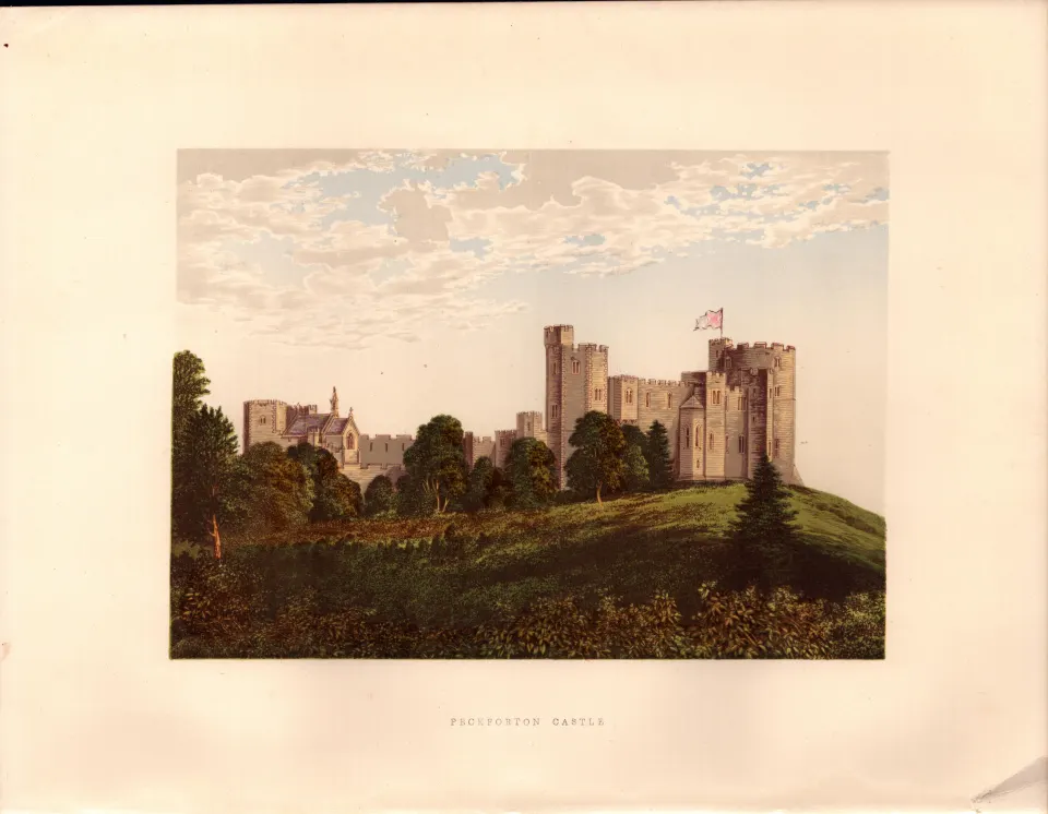 Peckforton Castle Cheshire Gilt-Edge Coloured Antique Book Plate.