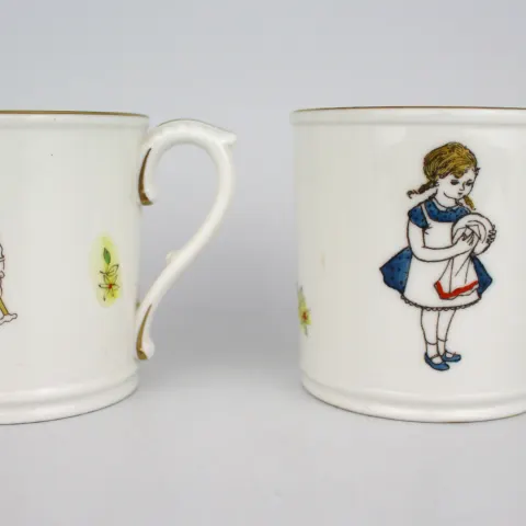 Pair of Royal Worcester Saturday's Child Tankards Mugs