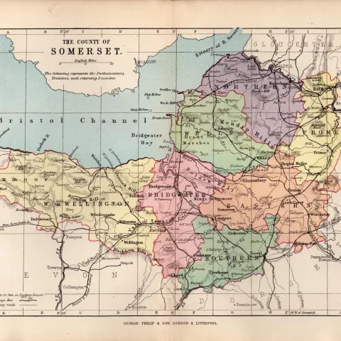 County Somersetshire 1895 Antique Victorian Coloured Map.