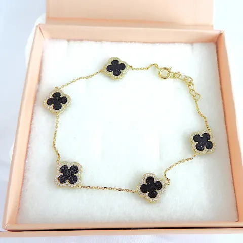18k Gold 925 Silver Cubic Zirconia Clover Bracelet 'New'