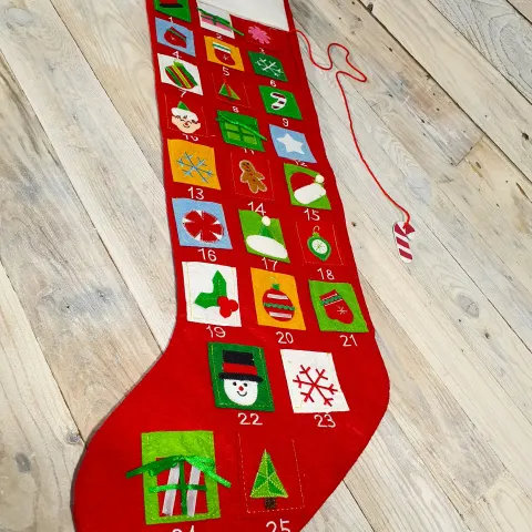 Extra long Stocking Advent Calendar. 90cm long x 25cm across. Individual pockets