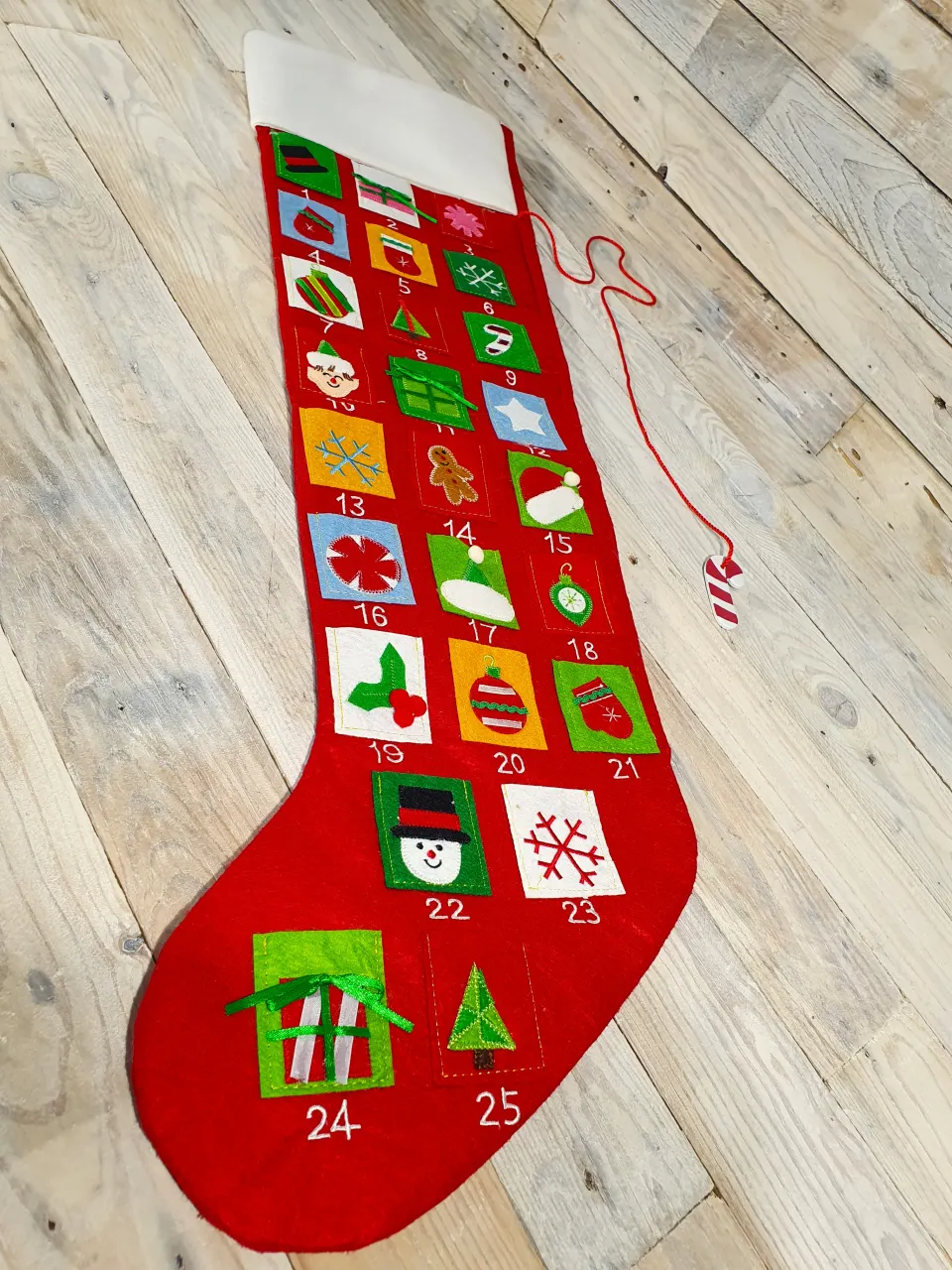 Extra long Stocking Advent Calendar. 90cm long x 25cm across. Individual pockets