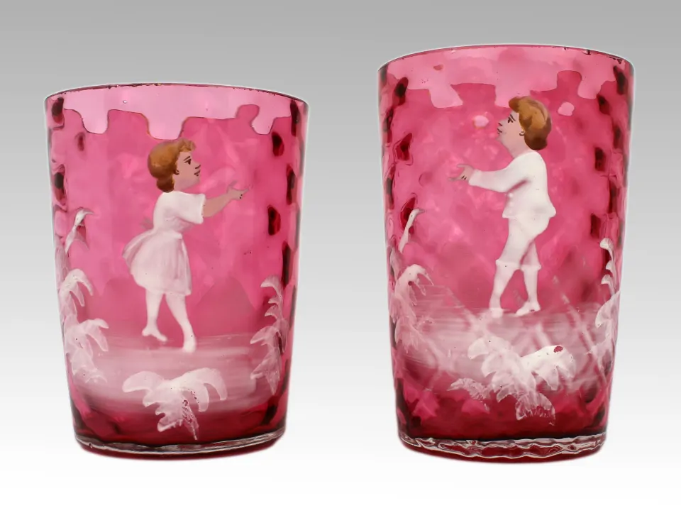 Pair of Victorian Cranberry Glass Tumblers – Mary Gregory Style