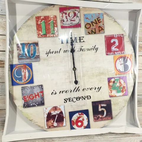 Printed Wooden Clock 60cm Across. 'Time Spent With Family'.  RRP £30